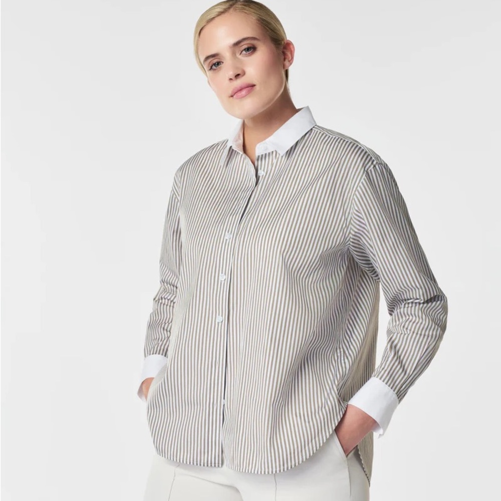 Spanx Poplin Oversized Button Down in Matcha Stripe